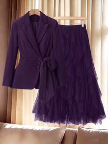 GlowEve CURVE Plus Size Elegant Button Long Sleeve Blazer And Ruffle Hem Soft Midi Skirt Suit Set - Purple - View 3