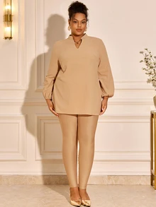 BrightlyHer Plus Size Women's Notched V-Neck Side Slit Hem Blouse And Leggings Solid Color 2 Pieces Set - Khaki - View 4