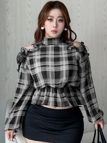 Dazy Plus Early Autumn New Korean Style Plaid Collar Tie Waist Cold Shoulder Blouse - Black - View 5