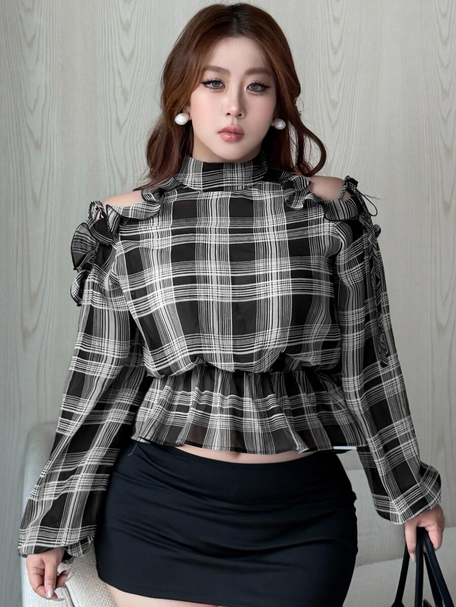 Dazy Plus Early Autumn New Korean Style Plaid Collar Tie Waist Cold Shoulder Blouse - Black - View 1