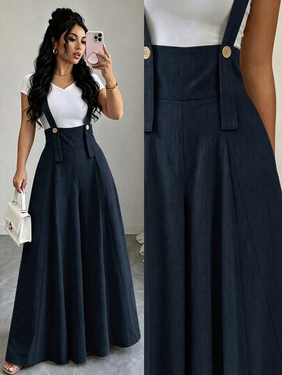 GlowEve Jumpsuit Overall Wanita Warna Polos dengan Desain Kancing dan Kaki Lebar, Model Longgar