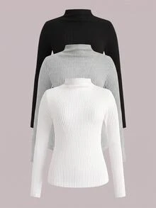 SHEIN VCAY 大尺碼女款基礎純色多件組長袖T恤內搭衫，適合秋季、晚間、假日、正式場合，黑色灰色白色，休閒寬鬆款 - 彩色 - 查看 9
