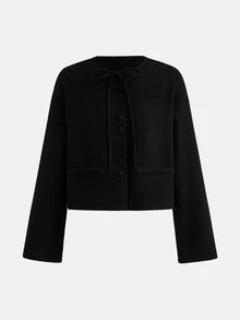 SHEIN 青少年女孩秋冬優雅黑色鈕扣裝飾短款大衣，返校季加厚冬季外套 - 黑色 - 查看 3