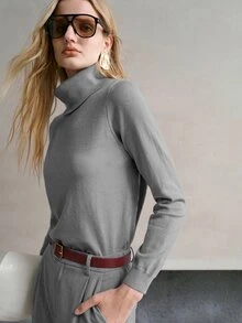 MOTF PREMIUM WOMEN'S SOLID COLOR LONG SLEEVE CASUAL VERSATILE TURTLENECK SWEATER - Light Grey - View 7
