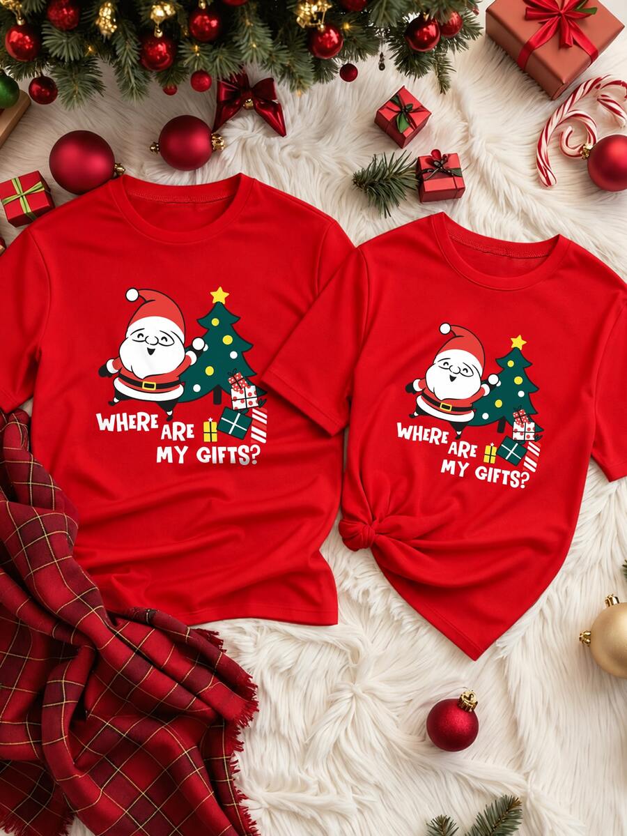 Manfinity Homme 男士趣味聖誕 T-shirt「Where Is My Gift」聖誕老人印花短袖節日派對上衣,聖誕禮物 - 紅色 - 查看 1
