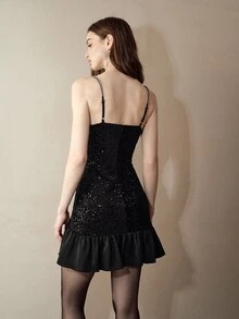 MOTF PREMIUM DEEP V-NECK SPAGHETTI STRAP SHINY SEQUIN SEXY MINI DRESS - Black - View 7