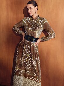MOTF PREMIUM ASYMMETRICAL PLEATED POLKA DOT PRINT LONG SLEEVE DRESS - Coffee - View 3