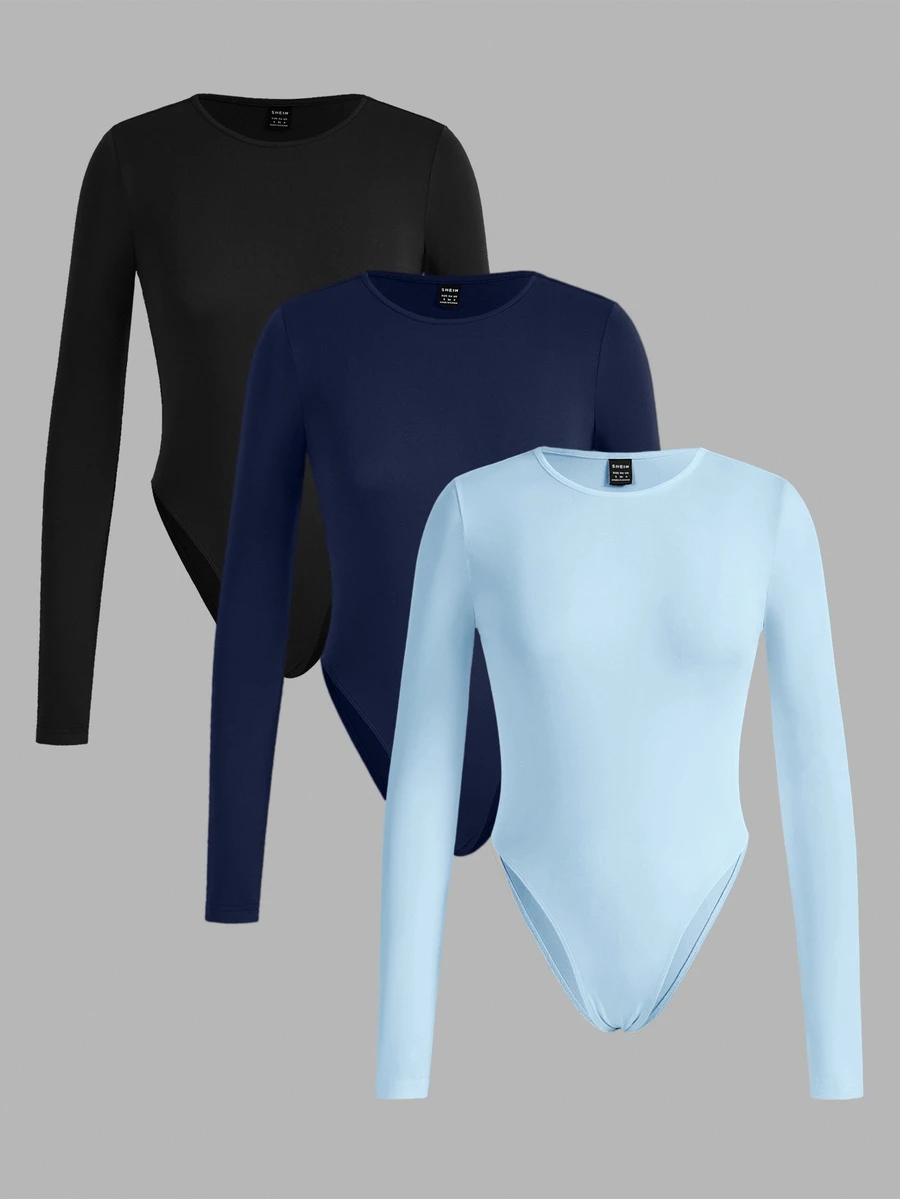 SHEIN EZwear 3件裝純色百搭對比色女款長袖修身連身衣,適合春秋穿著 - 彩色 - 查看 1