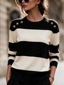 Balvessa Women's Autumn/Winter Striped Long Sleeve Sweater With Shoulder Button Design - Black - View 2
