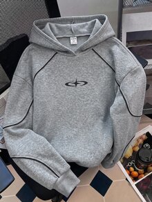 SHEIN 青少年女孩配色拼接連帽休閒Y2K日常長袖冬季衛衣 海軍藍 秋冬 生日告別禮物 - 灰色 - 查看 3