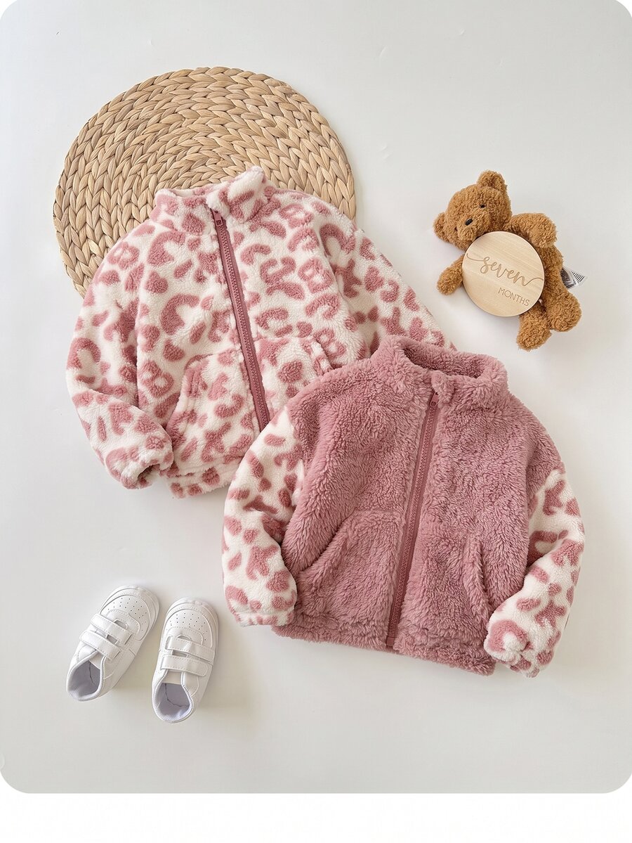 SHEIN 2pcs Jaket Kerah Tegak Kasual Motif Leopard Berbulu untuk Bayi Perempuan, Musim Gugur/Musim Dingin - MultiWarna - View 1