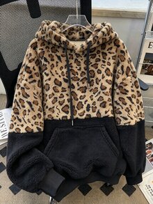 Linhara 新款大尺碼女款豹紋水印拼接黑色珊瑚絨內裡連帽衛衣，女款休閒服，時尚服飾，冬季衣物，適合日常通勤，簡約居家穿著 - 彩色 - 查看 3