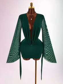 Amplova Romantic Vacation Earthy Tone Low-Cut Draping Collar, Flared Sleeves, Bodycon Mini Dress - Dark Green - View 3