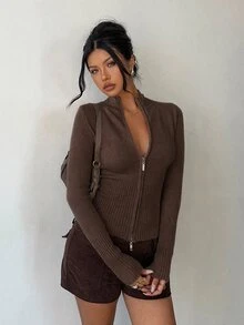 Aloruh 女款休閒羅紋高領拉鍊長袖針織開襟衫，黃色，適合日常穿著與運動，秋冬款 - 摩卡棕 - 查看 1