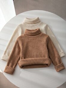 SHEIN 2件組少女秋冬高領針織內搭上衣，柔軟羅紋針織面料，高領設計，杏色溫柔乾淨、奶油白清新百搭，適合少女日常上學、幼兒園、外出、拍照，柔軟舒適不刺激 - 彩色 - 查看 8