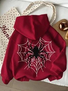 SHEIN Wine Red Spider Girls' Hooded Zip Jacket For Autumn And Winter - Mixed Street Style, Sweatshirt Style, Long Sleeve, Fleece Material, Autumn Apparel, - Red - View 8