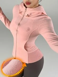 DAZY Women's Letter Embroidered Zipper Front Drawstring Hooded Sports Jacket - Pink - View 2