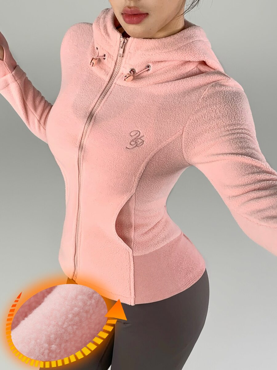 DAZY Women's Letter Embroidered Zipper Front Drawstring Hooded Sports Jacket - Pink - View 1