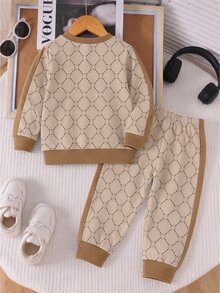 2pcs/Set Letter Pattern All-Over Print Apricot Crew Neck Sweatshirt & Sweatpants Set For Boys - Black - View 3