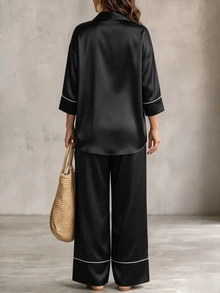Linhara CURVE Women's Fashion Casual Long Sleeve Lapel Contrast Color Frog Button Satin Blouse And Elastic Waist Wide Leg Pants 2 Pieces Set, Suitable For Daily Commute And Outing Wear - Black - View 2