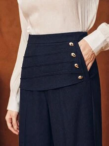 Anewsta Spring/Autumn Elegant High Waist Pleated Waistband Side Button Straight Leg Dress Pants, Suitable For Commute, Daily And Date - Navy Blue - View 2
