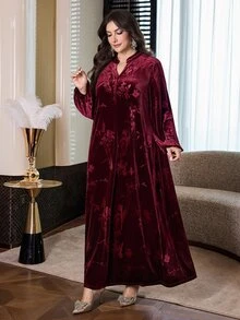 Al Najma Plus Size Women's Jacquard Button Half-Placket Arabic Style Dress - Burgundy - View 6