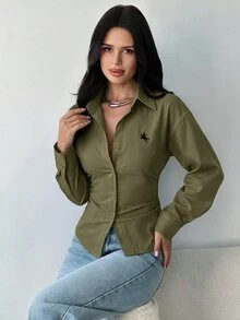 Firerie 女款白色藍白條紋長袖繫腰襯衫，時尚辦公室夏季返校休閒通勤波希米亞優雅度假襯衫 - 軍綠色 - 查看 7