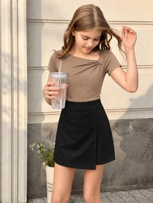 SHEIN Tween Girls 2pcs/Set Children's Korean Version Open Shoulder Short Sleeved Top With Front Slit High Back To School, Summer, Casual - Brown - View 6