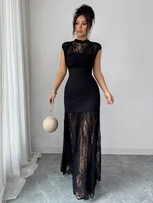 SHEIN PETITE Women's Contrast Lace Cap Sleeve Fitted Elegant Dress - Black - View 3