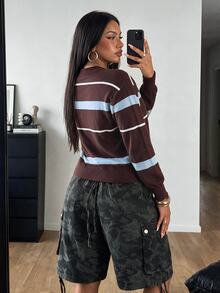 POPSWAY Plus Size Women's Striped Long Sleeve Single-Breasted Casual Knit Cardigan Winter - Multicolor - View 2
