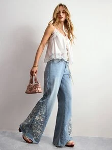 Willow Rêve Women's Light Blue Embroidered Wide Leg Denim Jeans - Blue - View 3
