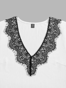 Velvienne French Style Long Sleeve Ribbed Knit V-Neck Black Eyelash Lace Loose Lazy Gentle Home Daily Commute Plus Size Dress Fall - White - View 6