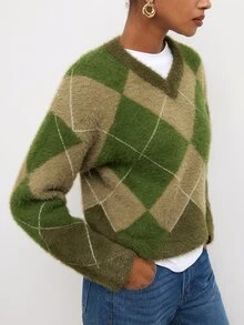 Maija Holiday Party Urban Green Autumn/Winter Women's Plaid Small V-Neck Sweater - Army Green - View 7