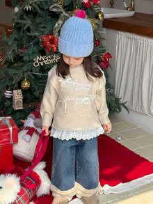 DAZY Infant (Girl) Round Neck English Print Bow Long Sleeve Autumn/Winter Sweater - Beige - View 3