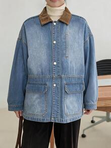 Dazy-Less Women's Colorblock Drop Shoulder Long Sleeve Single-Breasted Casual Denim Jacket - Light Wash - View 3