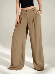 SHEIN Tall 女款 Old Money 風格高腰百褶寬腿褲，黑色冬季端莊商務休閒辦公穿搭，優雅純色寬鬆修身西裝長褲 - 卡其色 - 查看 5