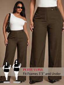 SHEIN PETITE CURVE 大尺碼女款純色高腰鈕扣設計休閒寬腿長褲 秋季 - 巧克力棕 - 查看 9