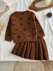 SHEIN Playful Pals Baby Girl Bow Print Long Sleeve Top And Skirt Knit Set - Coffee Brown - View 2