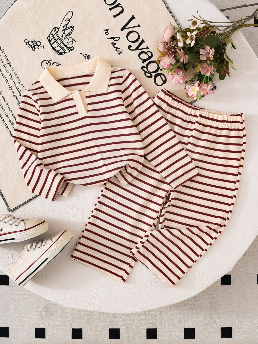 SHEIN Baby Girl Striped Colorblock Long Sleeve T-Shirt And Pants Set - Multicolor - View 1