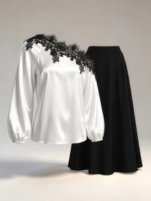 Easura Casual 2-delat set för kvinnor i plus size med spets, patchwork, asymmetrisk axel, topp och kjol för hösten - Multifärgad - Visa 9