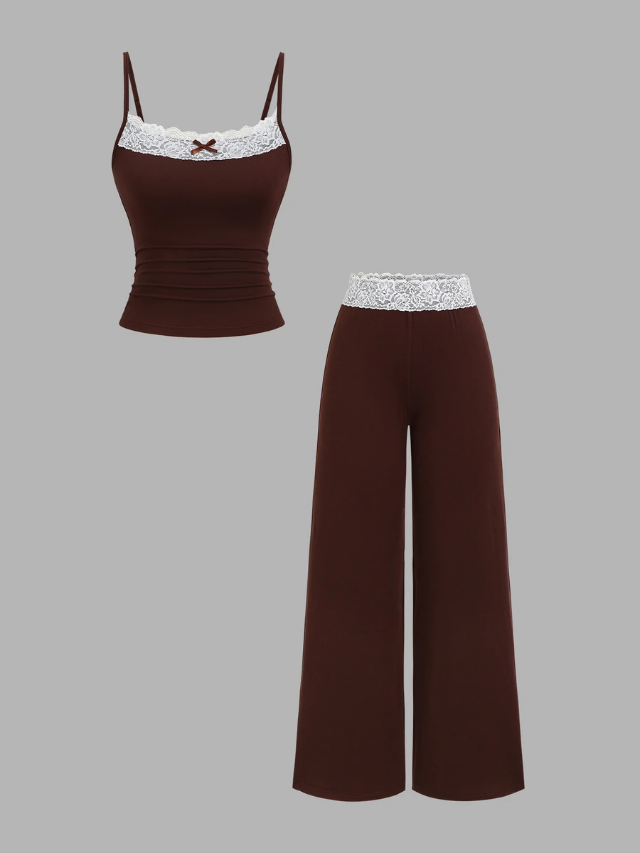 Elamini Spring/Autumn New 2 Pieces Set, Contrast Lace, Design-Driven Outfit, Slimming Fit, Suitable For Daily Wear And Street Style - Brown - View 1