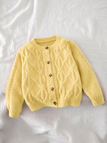 SHEIN 女童純色針織圓領花瓣袖休閒開襟毛衣 秋冬針織衫 - 芥末黃 - 查看 3