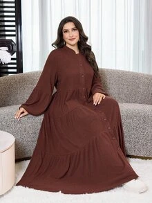 Al Najma Plus Size Women's Button Long Sleeve Arabian Dress - Coffee Brown - View 7