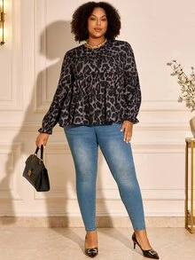 BrightlyHer Plus Size Women's Leopard Print Pleated Casual Daily Long Sleeve Shirt - Brown - View 6
