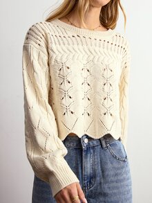 Willow Rêve Sweater Pullover Kasual Lengan Panjang Bahu Jatuh Berlubang Warna Krem untuk Wanita - Krim - View 5