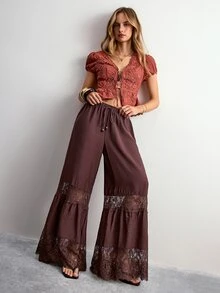 Willow Rêve بنطلون طويل فضفاض بساق واسعة بتصميم رقع دانتيل عصري للنساء - بني - مشاهدة 3
