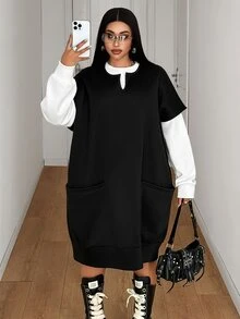 Maweii V-Neck Drop Shoulder Loose Fit Large Pocket Solid Color Plus Size Sweatshirt - Black - View 2