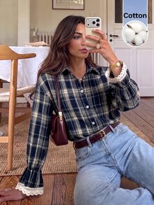 Serisse Women's Plaid Casual Versatile Daily Long Sleeve Shirt - Navy Blue - View 4