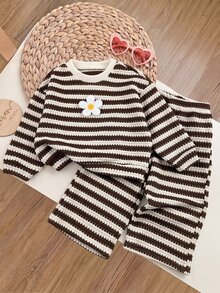 SHEIN Baby Girl 3D Flower Decor Striped Sweatshirt And Pants Casual Set - Khaki - View 6