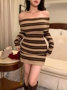 DAZY Women's Square Neck Striped Elegant Short Sweater Dress - Khaki - View 4